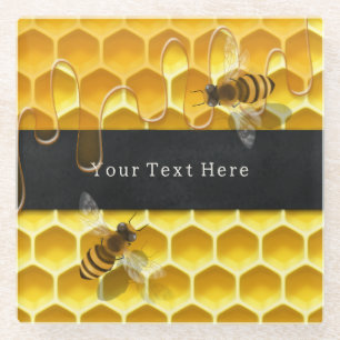 Dessous-de-verre En Verre Abeilles de miel volantes au-dessus du nid d'abeil