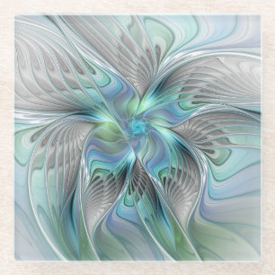 Dessous-de-verre En Verre Abstrait Bleu Vert Papillon Imaginaire Fractal Art