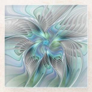 Dessous-de-verre En Verre Abstrait Bleu Vert Papillon Imaginaire Fractal Art