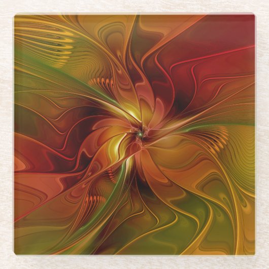 Dessous-de-verre En Verre Abstrait Rouge Orange Brown Vert Fractal Art Flowe (Devant)