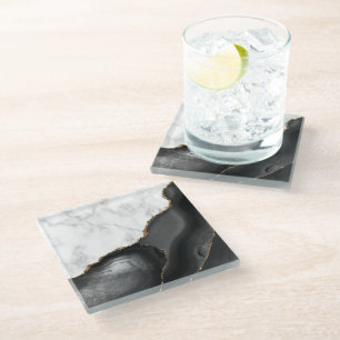 Dessous-de-verre En Verre Agate noir or pailleté marbre faux blanc