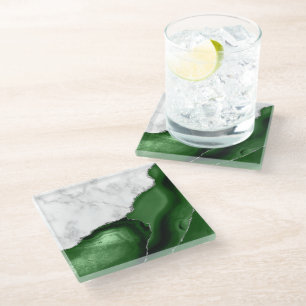 Dessous-de-verre En Verre Agate vert Parties scintillant argent Marbre blanc