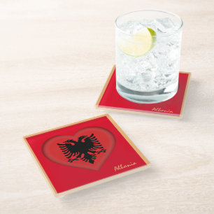 Dessous-de-verre En Verre Albanie et Albanie Drapeau Coeur/dîner de fête
