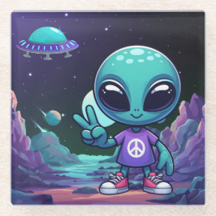 Dessous-de-verre En Verre Alien de paix mignon et vaisseau spatial