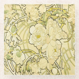 Dessous-de-verre En Verre Alphonse Mucha Pivoines Motif Floral Art Nouveau