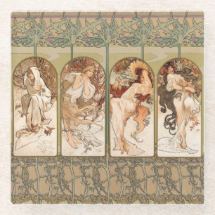 Dessous-de-verre En Verre Alphonse Mucha Quatre Saisons Panneau Art nouveau 