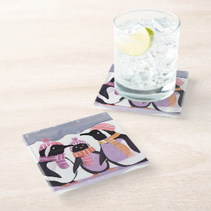 Dessous-de-verre En Verre Amis Manchots de Noël Aquarelle d'Hiver