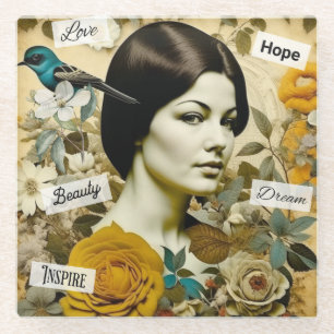 Dessous-de-verre En Verre Amour, Beauté, Inspirer, Rêver et Espoir Vintage d