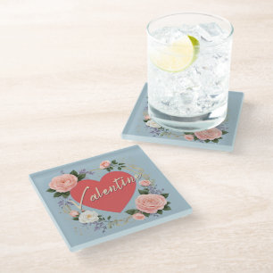 Dessous-de-verre En Verre Amour romantique cœur roses roses Saint-Valentin