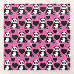 Dessous-de-verre En Verre Amoureux d'animaux ours panda Cœurs noirs Paillett