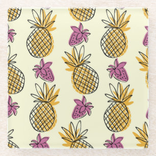 Dessous-de-verre En Verre Ananas, fraise design textile vintage.