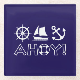 Dessous-de-verre En Verre Ancre de voilier à roue Ahoy ! Blanc