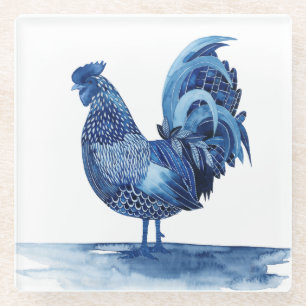 Dessous-de-verre En Verre Animaux de ferme de bleu de cobalt - coq