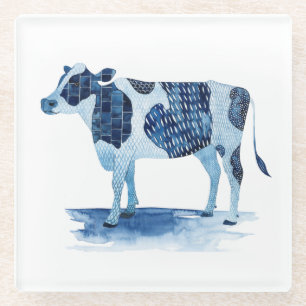 Dessous-de-verre En Verre Animaux de ferme de bleu de cobalt - vache