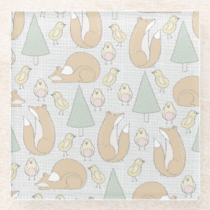 Dessous-de-verre En Verre Animaux de la forêt Renard sauvage Poussin Pin