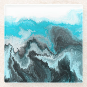 Dessous-de-verre En Verre Aqua Blue Grey et Black Waves Art moderne Abstrait