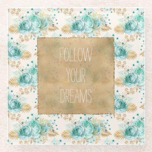 Dessous-de-verre En Verre Aqua Cream Gold Floral (Devant)