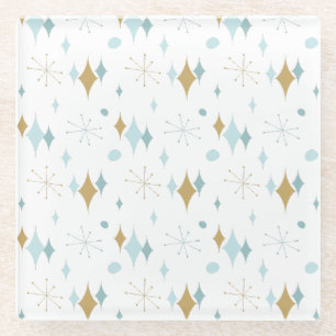 Dessous-de-verre En Verre Aqua, Gold Starburst Motif du milieu du siècle