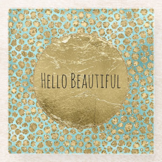 Dessous-de-verre En Verre Aqua Mint Gold Glitz Parties scintillant Leopard (Devant)