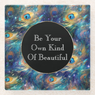 Dessous-de-verre En Verre Aqua Turquoise Gold Peacock Feathers