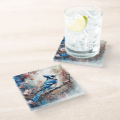 Dessous-de-verre En Verre Aquarelle bleu Jay Cherry Blossoms (Incliné)