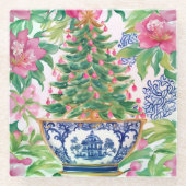 Dessous-de-verre En Verre Aquarelle Chinoiserie Arbre de Noël (Devant)