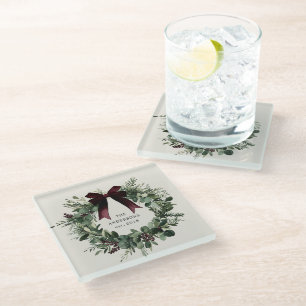 Dessous-de-verre En Verre Aquarelle couronne de Noël Nom personnalisé