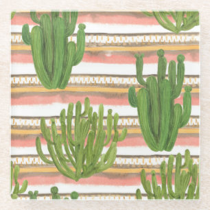 Dessous-de-verre En Verre Aquarelle de cactus, arrière - plan rayé, couche t