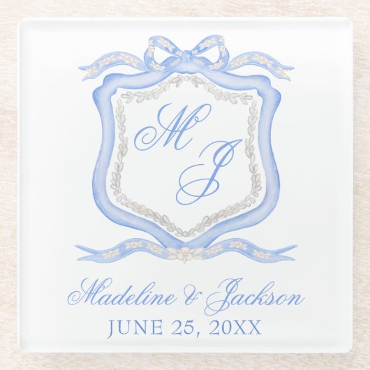 Dessous-de-verre En Verre Aquarelle Designer Blue Monogram Crest Mariage (Devant)