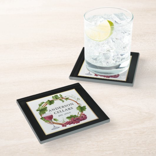 Dessous-de-verre En Verre Aquarelle Grappe Vins Cave à vin Or Noir (Incliné)