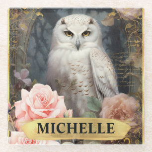 Dessous-de-verre En Verre Aquarelle Hibou Blanc Vintage et Roses Roses