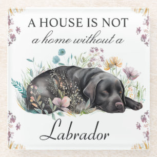 Dessous-de-verre En Verre Aquarelle Labrador noir et fleurs d'été