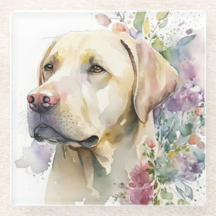 Dessous-de-verre En Verre Aquarelle Labrador Retriever doré et fleurs