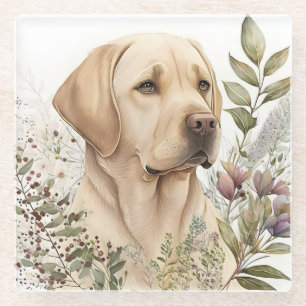 Dessous-de-verre En Verre Aquarelle Labrador Retriever doré et fleurs