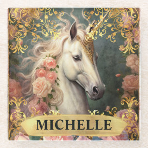Dessous-de-verre En Verre Aquarelle Licorne Blanche Vintage et Roses Roses