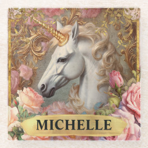 Dessous-de-verre En Verre Aquarelle Licorne Blanche Vintage et Roses Roses