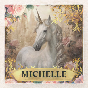 Dessous-de-verre En Verre Aquarelle Licorne Blanche Vintage et Roses Roses