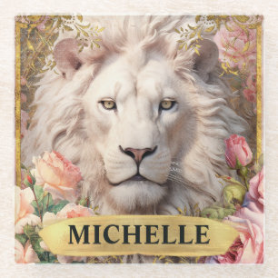 Dessous-de-verre En Verre Aquarelle Lion blanc Vintage et Roses roses roses