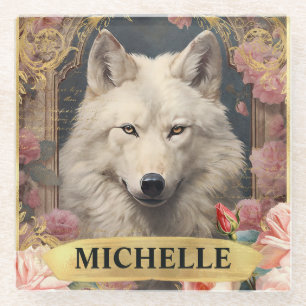 Dessous-de-verre En Verre Aquarelle Loup Blanc Vintage et Roses Roses