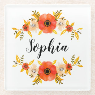 Dessous-de-verre En Verre Aquarelle mignonne Coral Floral Wreath Texte perso