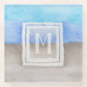Dessous-de-verre En Verre Aquarelle Monogramme mer et sable bleu et bronze (Devant)