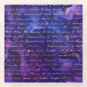 Dessous-de-verre En Verre Aquarelle Motif d'encre violet avec script Gold