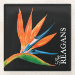 Dessous-de-verre En Verre Aquarelle Oiseau de Paradis Personnalisé Personnal<br><div class="desc">Des dessous de verre en verre personnalisés portent votre nom de famille et un oiseau tropical exotique de fleur d'aquarelle paradisiaque sur un arrière - plan noir. CORRESPONDRE des articles dans notre magasin.</div>