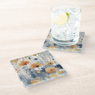 Dessous-de-verre En Verre Aquarelle Orange Fleurs Blue Indigo Design 347