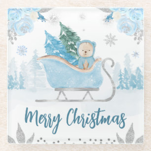 Dessous-de-verre En Verre Aquarelle ours bleu hiver floral Noël mignon
