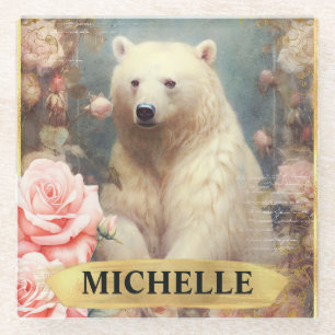 Dessous-de-verre En Verre Aquarelle Ours polaire Vintage et Roses roses