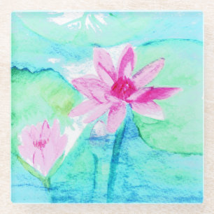 Dessous-de-verre En Verre Aquarelle Pastel Rose Lotus Fleurs