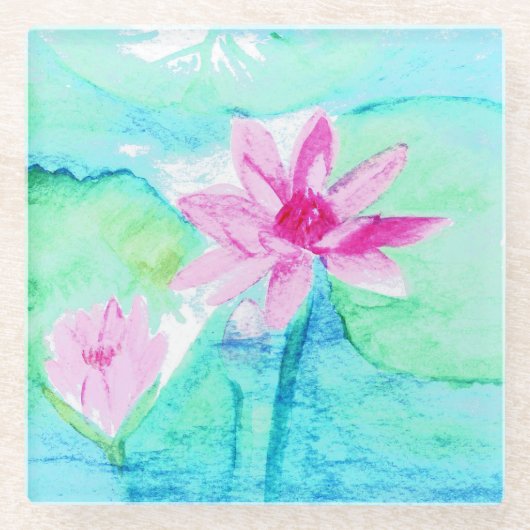 Dessous-de-verre En Verre Aquarelle Pastel Rose Lotus Fleurs (Devant)