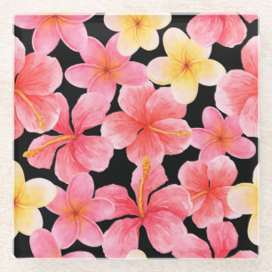Dessous-de-verre En Verre Aquarelle Plumeria Hibiscus Fleurs Motif