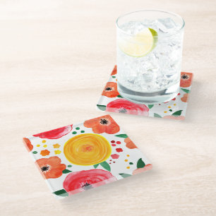 Dessous-de-verre En Verre Aquarelle rose et jaune peinte à la main Floral